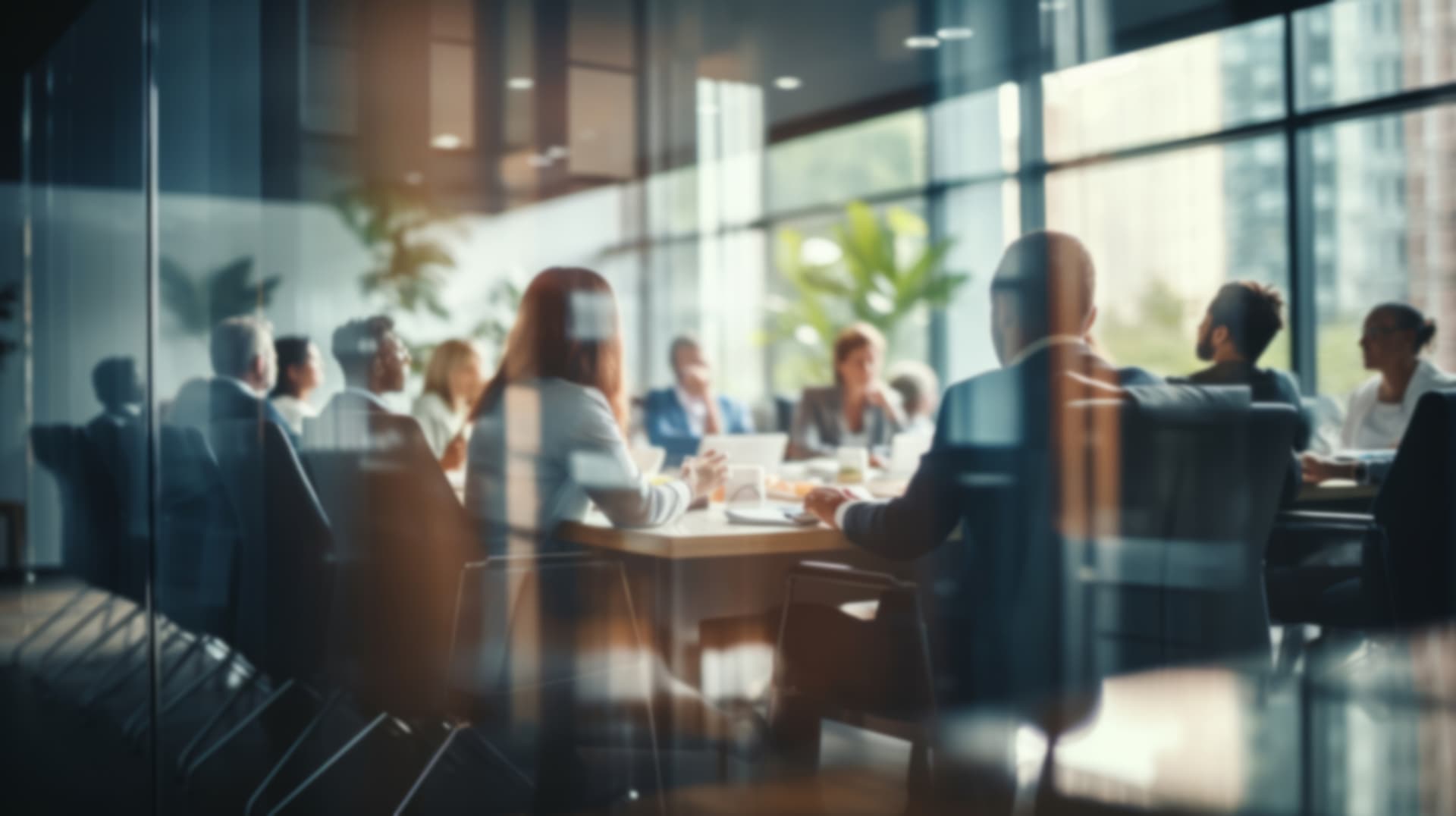 Executives gathered around a boardroom table in a bright, glass-walled meeting space